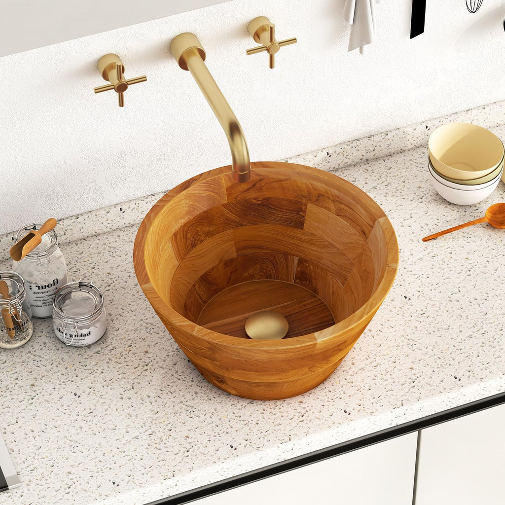 Giantex Teak Wood Vessel Sink - Bathroom Washbasin with Smooth Finish, Round Corner, 2.5â Drain Hole for 1 5/8" Drainage, Above Counter Vanity Sinks, No Assembly Art Basin (16â x 16â x 4â Bowl-shaped)