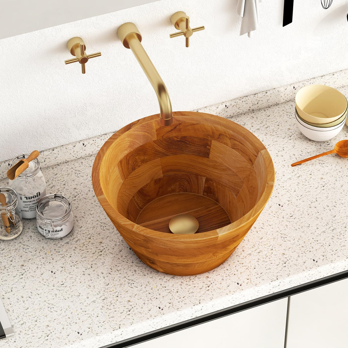 Giantex Teak Wood Vessel Sink - Bathroom Washbasin with Smooth Finish, Round Corner, 2.5â Drain Hole for 1 5/8" Drainage, Above Counter Vanity Sinks, No Assembly Art Basin (16â x 16â x 4â Bowl-shaped)