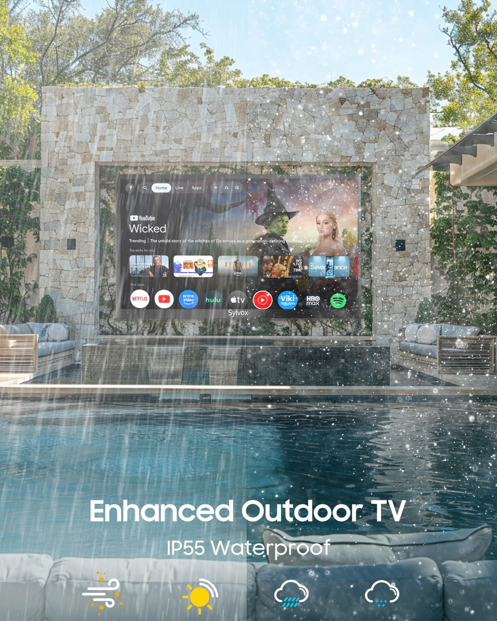SYLVOX 65'' Outdoor TV, Premium Ultra-Narrow Bezel, IP56 Weatherproof, 1,000-Nit 4K UHD Anti-Glare Screen, Smart Google TV, All-Metal Durable Outdoor TV for Deck, Patio, Partial Sun (Frameless, 2026)