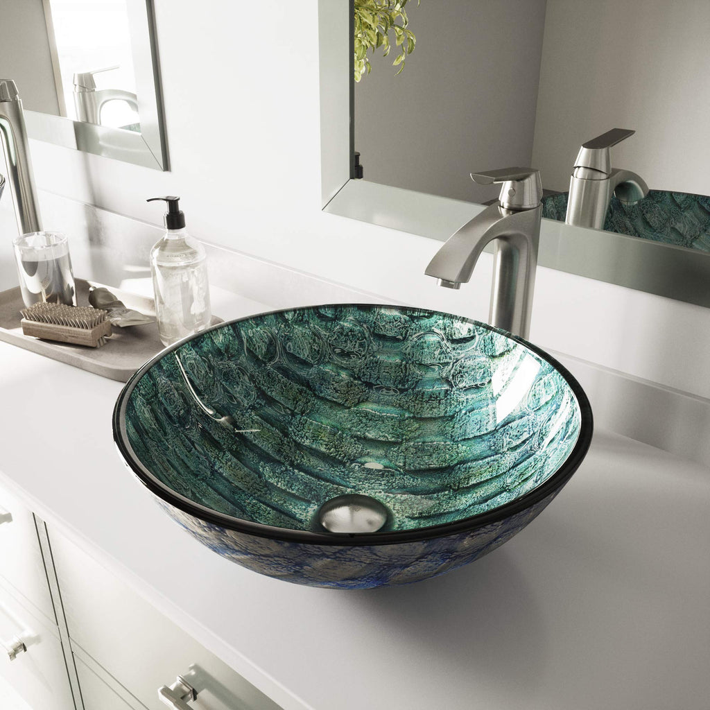 Vigo Vessel Sink Copper - 17â Artistic Round Bowl Sink for Bathrooms, Tempered Glass Above Counter Bathroom Sink with NonStickShield, QuickDrain & TempGuard, Modern Luxury Design