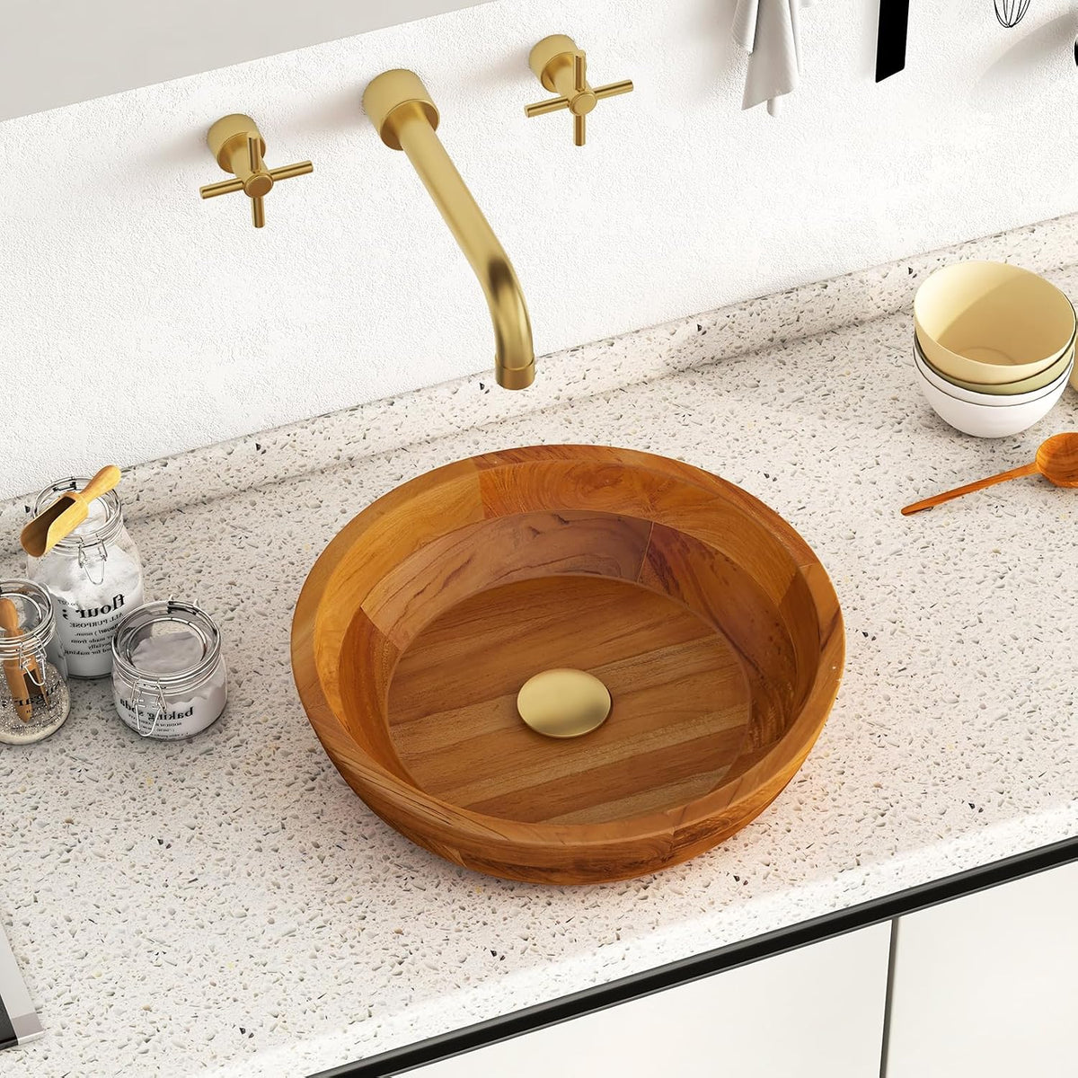 Giantex Teak Wood Vessel Sink - Bathroom Washbasin with Smooth Finish, Round Corner, 2.5â Drain Hole for 1 5/8" Drainage, Above Counter Vanity Sinks, No Assembly Art Basin (16â x 16â x 4â Bowl-shaped)