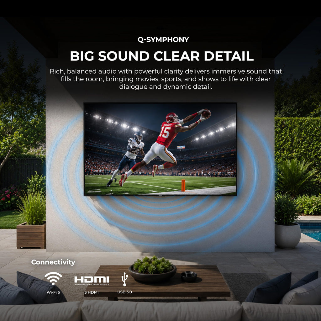 Titan G100 Mini 85 Inch Covered Patio Outdoor TV â 4K UHD QLED IP65 - Google OS, Dolby Vision & Atmos, Onkyo Speakers - Thin Bezel - Weather Resistant - 2-Year Warranty & USA Assembled