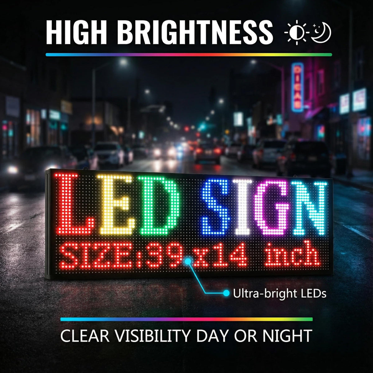 P5 Outdoor LED Sign 65"x34" Full Color Programmable Digital Display, 5000 Nits High Brightness IP65 Waterproof WiFi & USB Control, Scrolling Message Board for Business Advertising - Text/Image/Video