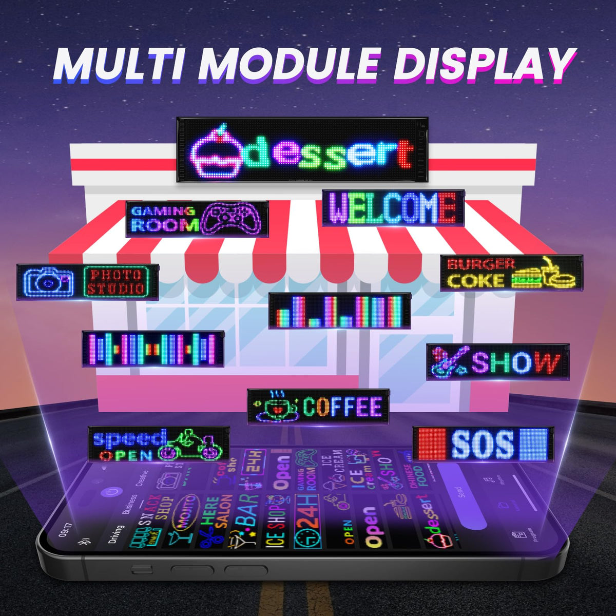 Rayhome Full Color Dual Row Programmable LED Sign, 43''x6.3'' Flexible P5 USB Bluetooth APP Control LED Signs Custom Text Message Pattern Scrolling LED Display for Store Bar Hotel School.