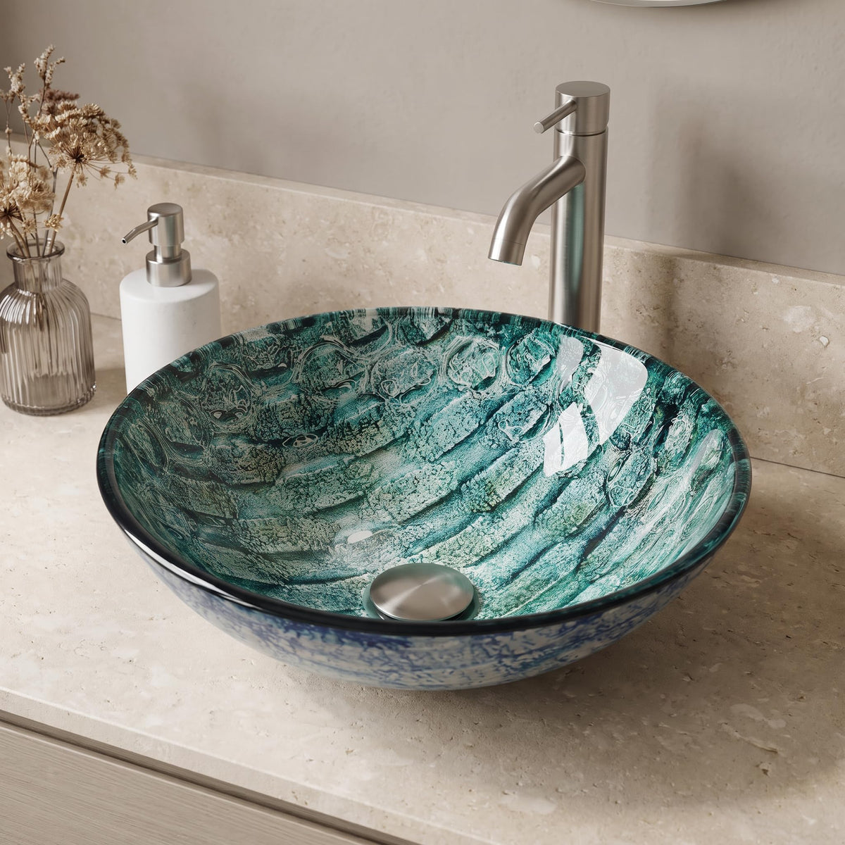 Vigo Vessel Sink Copper - 17â Artistic Round Bowl Sink for Bathrooms, Tempered Glass Above Counter Bathroom Sink with NonStickShield, QuickDrain & TempGuard, Modern Luxury Design