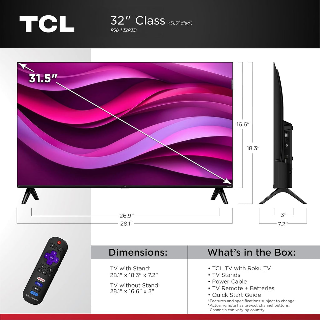 TCL 32-Inch Class R3D Series QLED Roku Smart TV | FullView Bezel-Less Design, Google Cast & AirPlay 2 | Television for Bedroom, Dorm & Kitchen (32R3D, 2026) Streaming Live Local News, Sports & Movies