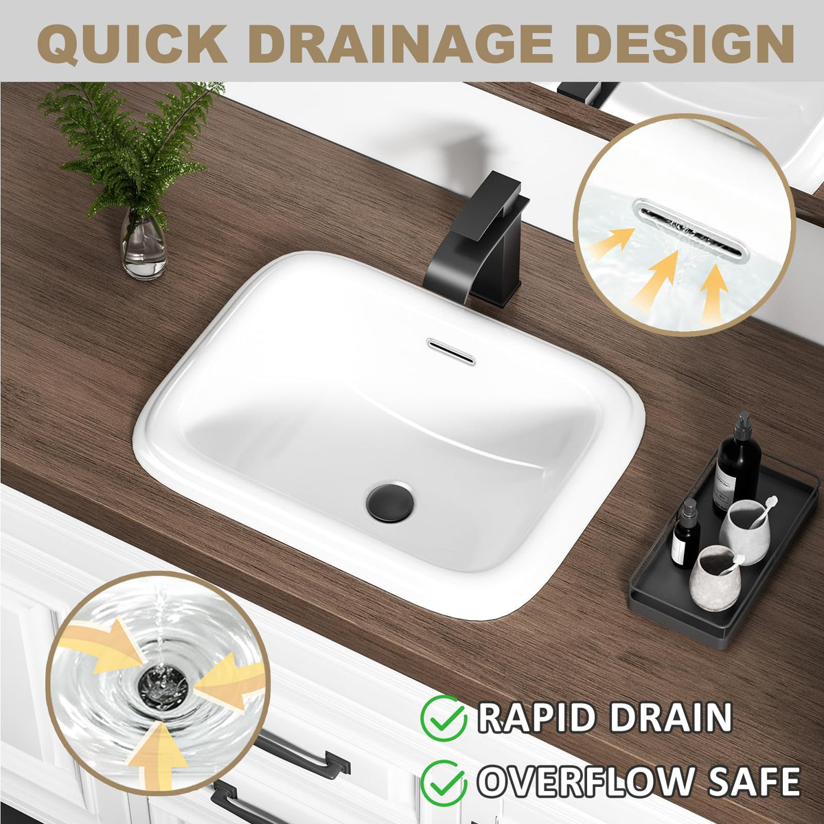 Small Bathroom Vessel Sink 16.7'' x 12.6'' Semi Recessed Bathroom Sink Rectangular Drop-in Vanity Sink with Overflow White Ceramic Modern Art Basin