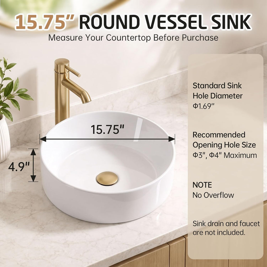KES 16 Inch Round Vessel Sink, Bowl Sink for Bathrooms, White Ceramic
