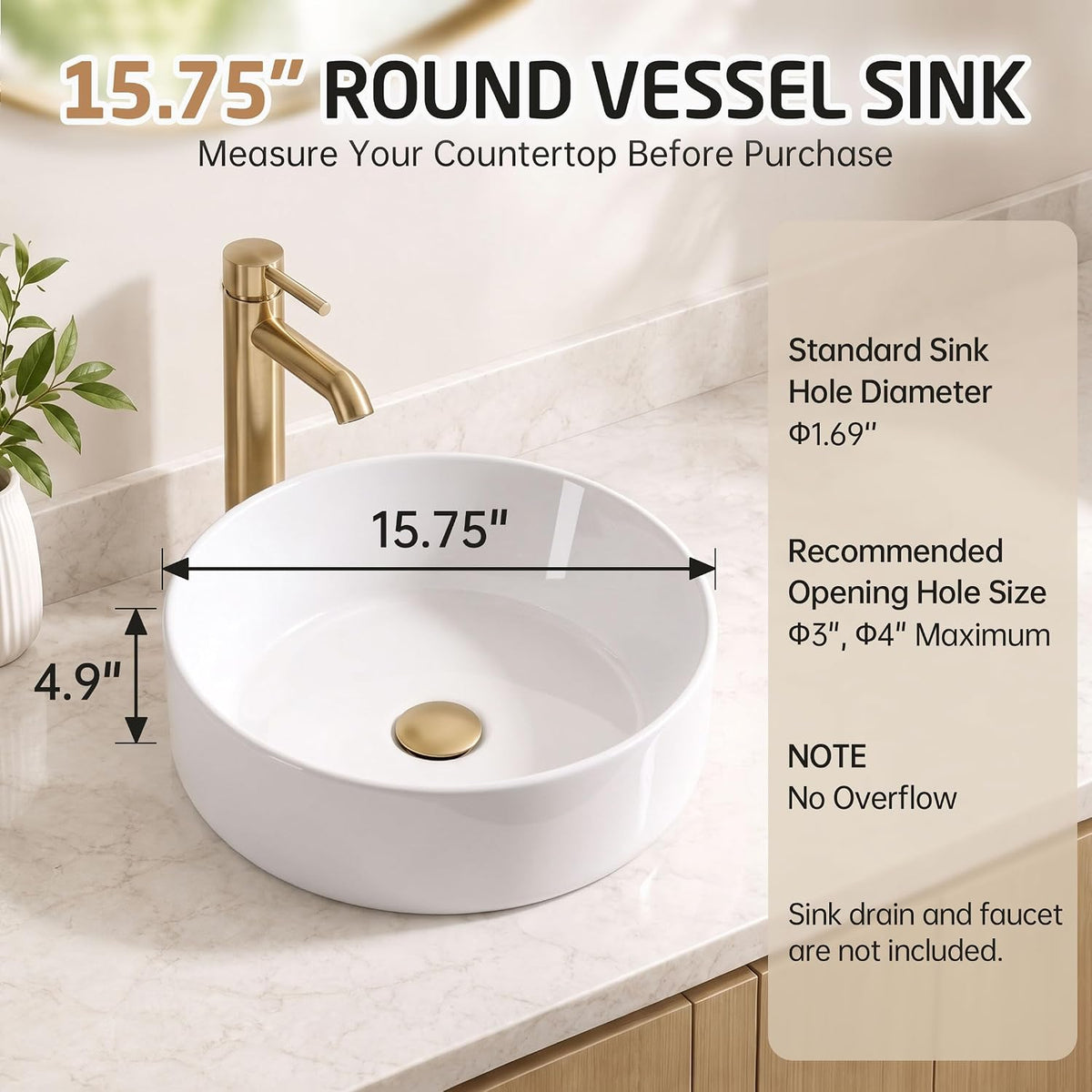 KES 16 Inch Round Vessel Sink, Bowl Sink for Bathrooms, White Ceramic