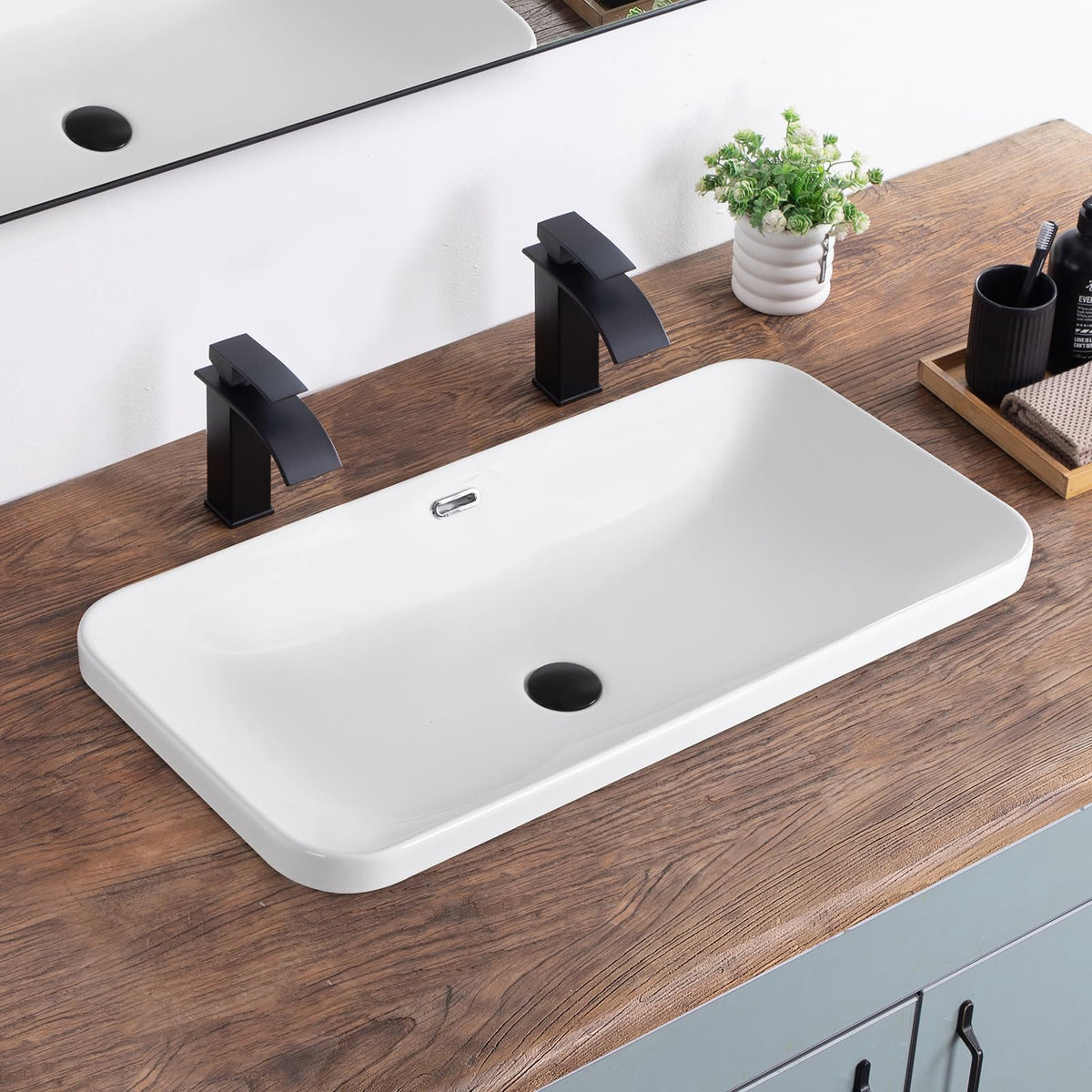 Bathroom Vessel Sink 16.7" X 12.6" Semi Recessed Bathroom Sink Rectangular Drop In Bathroom Sinks with Overflow White Ceramic Vessel Sinks for Bathroom Modern Above Counter Basin Vanity Sink