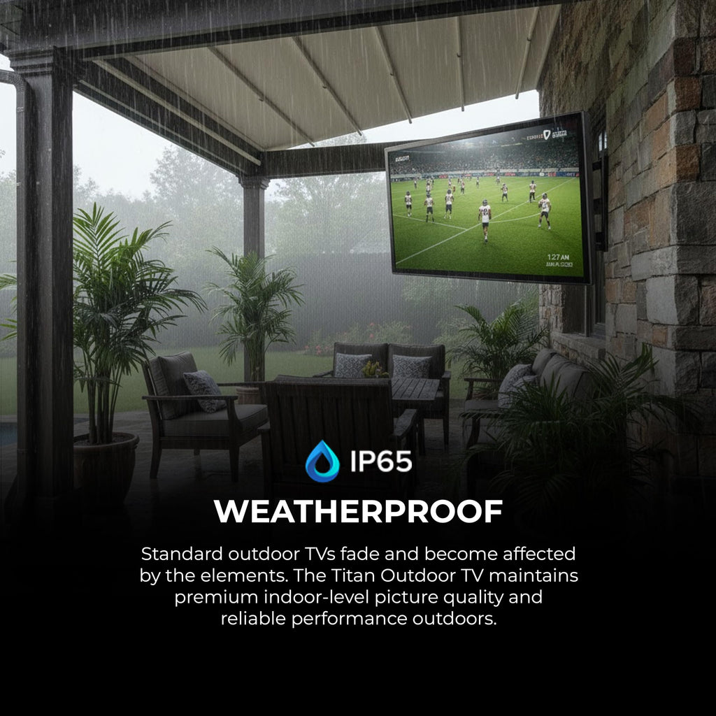 Titan G100 Mini 85 Inch Covered Patio Outdoor TV â 4K UHD QLED IP65 - Google OS, Dolby Vision & Atmos, Onkyo Speakers - Thin Bezel - Weather Resistant - 2-Year Warranty & USA Assembled