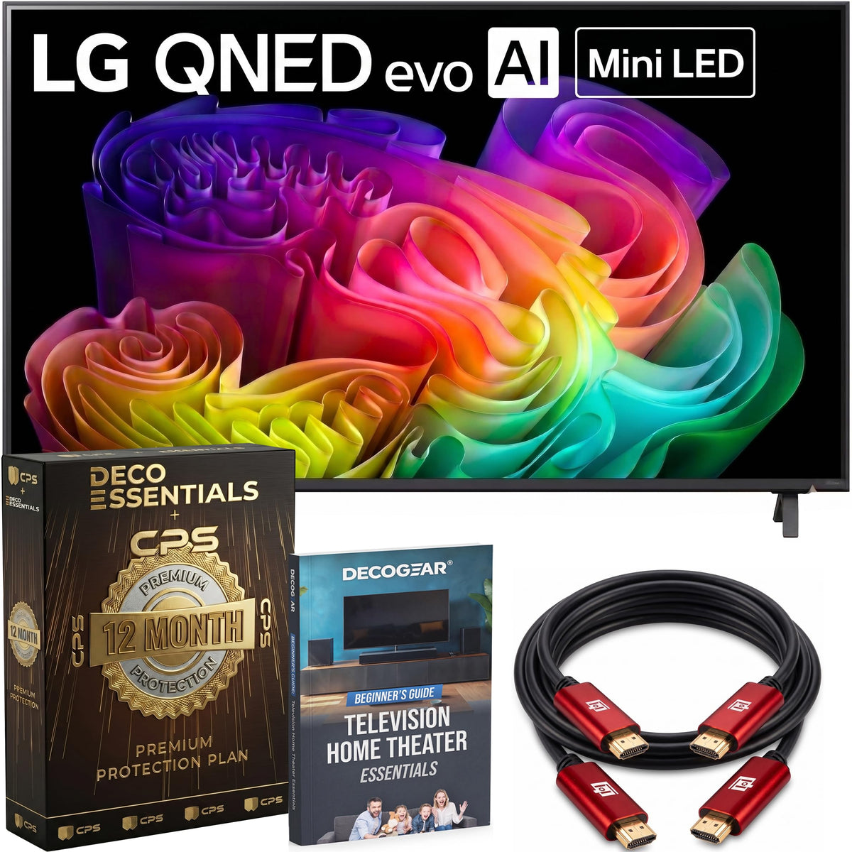 LG 85-Inch QNED evo AI Mini LED 4K Smart TV with a8 Gen3 Processor, Quantum Color, Dolby Vision, Dolby Atmos & 144Hz VRR Gaming Bundle with Deco Essentials 1-Year Extended Protection and HDMI Cables