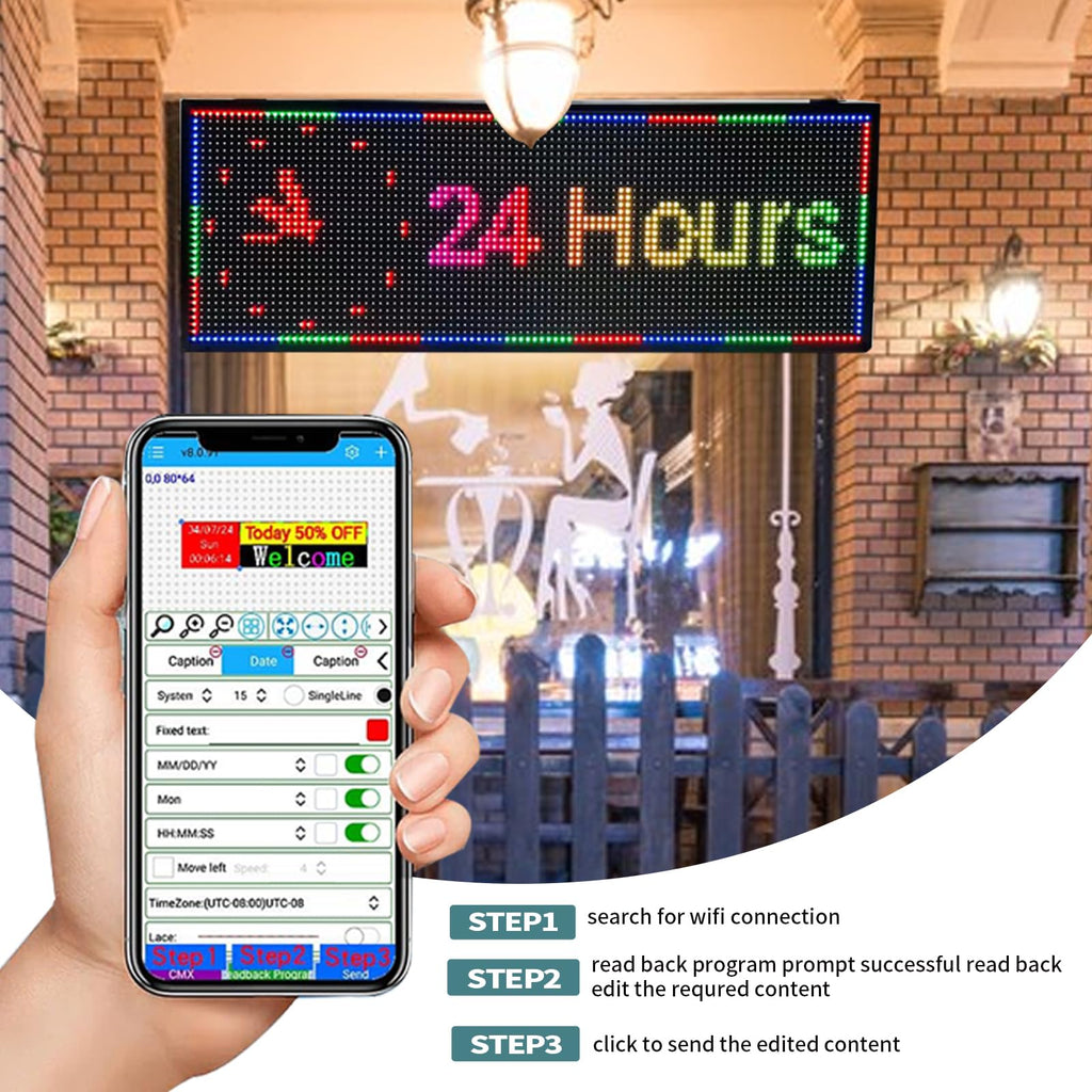 Programmable LED Sign Outdoor Full Color â 39"x8" Scrolling Message Board, Custom Digital Advertising Display, WiFi Control, High Brightness Neon Business Sign for Store, Bar, Restaurant