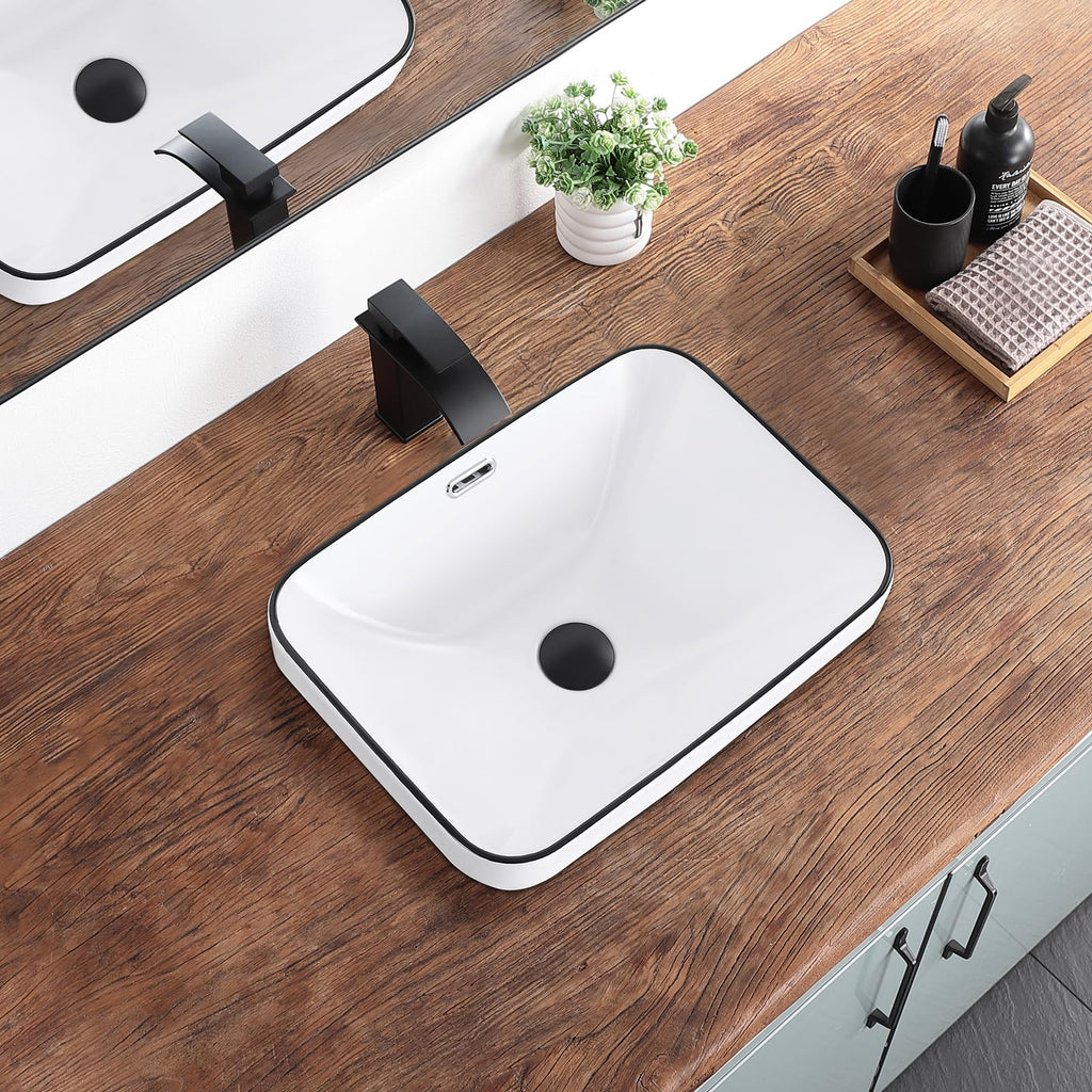 Bathroom Vessel Sink 16.7" X 12.6" Semi Recessed Bathroom Sink Rectangular Drop In Bathroom Sinks with Overflow White Ceramic Vessel Sinks for Bathroom Modern Above Counter Basin Vanity Sink