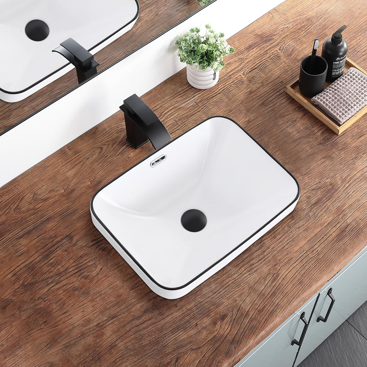 Bathroom Vessel Sink 16.7" X 12.6" Semi Recessed Bathroom Sink Rectangular Drop In Bathroom Sinks with Overflow White Ceramic Vessel Sinks for Bathroom Modern Above Counter Basin Vanity Sink