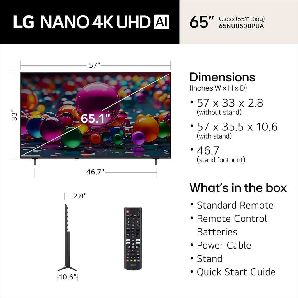 LG 65-Inch Class Nano AI 4K NU85 Series Smart TV w/AI Sound Pro, HDR10, AI 4K Super Upscaling, Filmmaker Mode, Wow Orchestra, Compatible with Alexa (65NU850BPUA, 2026)