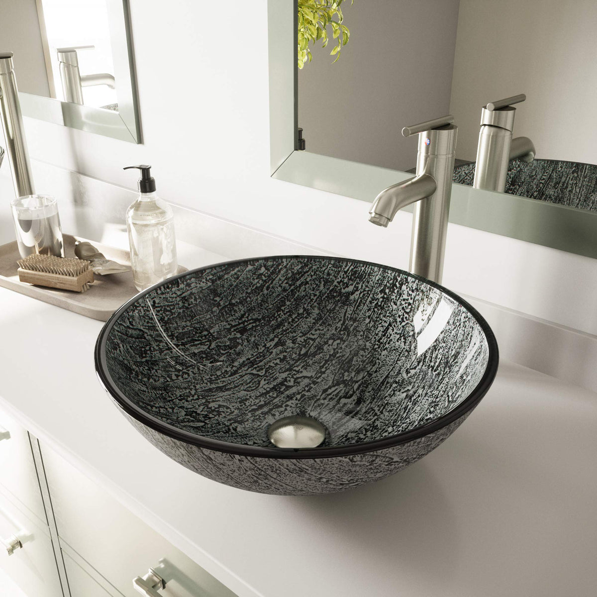 Vigo Vessel Sink Copper - 17â Artistic Round Bowl Sink for Bathrooms, Tempered Glass Above Counter Bathroom Sink with NonStickShield, QuickDrain & TempGuard, Modern Luxury Design