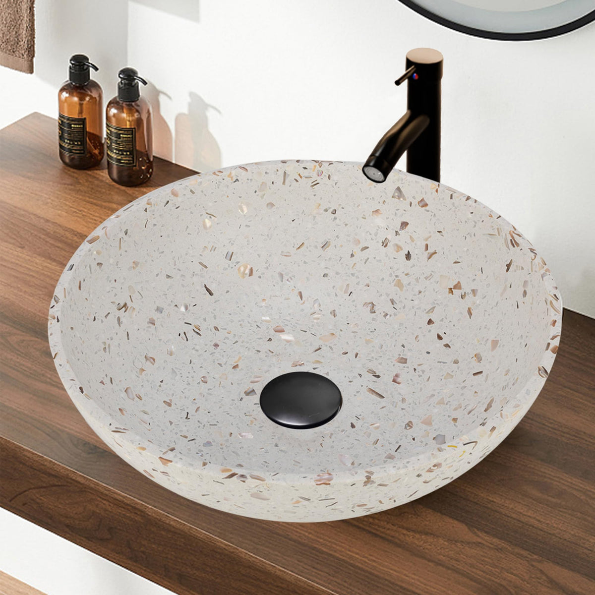 Design Vessel Sink Concrete Bathroom Sink above Counter Small Vessel Sink Bathroom Sink Bowl Countertop Modern Sinks with Faucet and Drain Combo 15.7" Round Gray