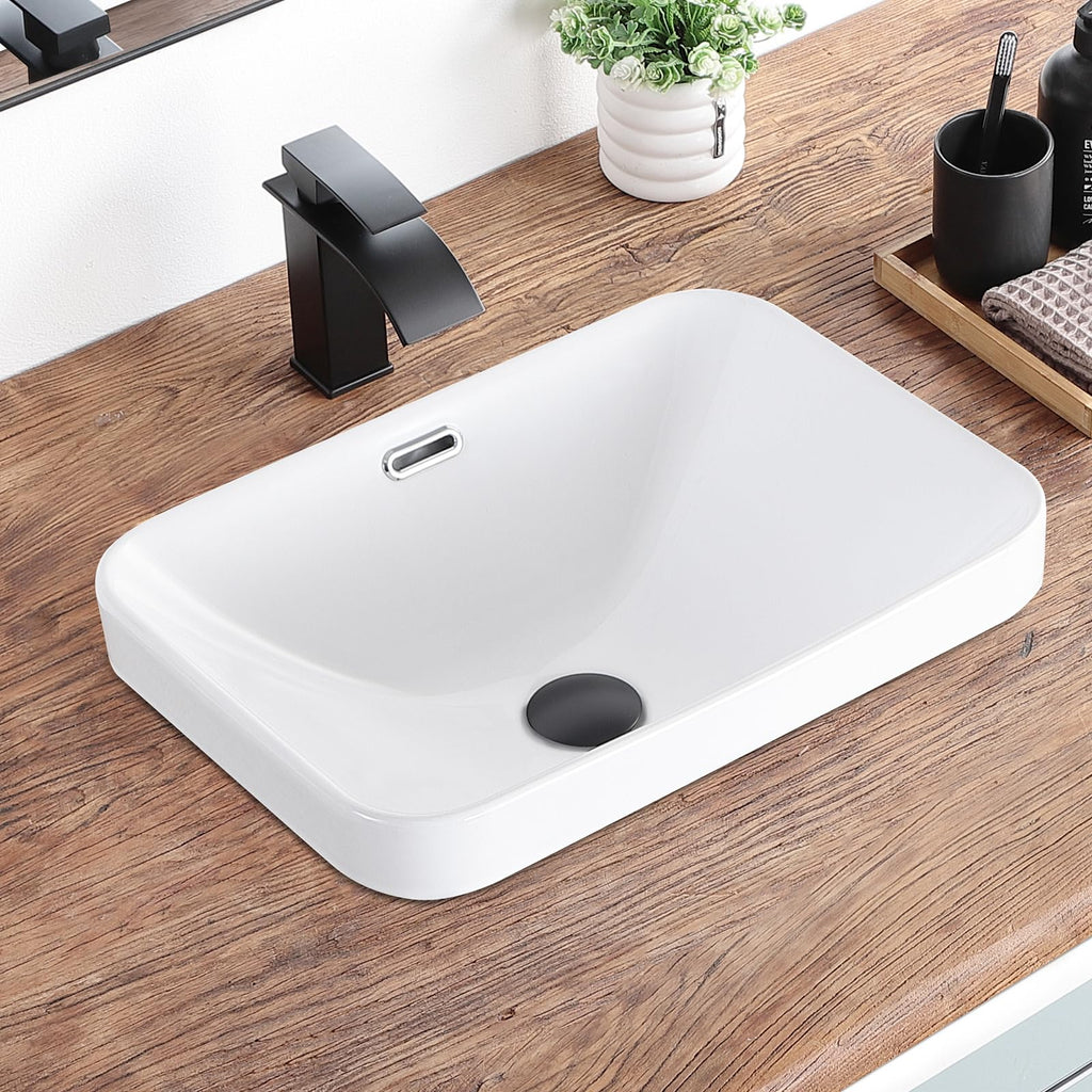Bathroom Vessel Sink 16.7" X 12.6" Semi Recessed Bathroom Sink Rectangular Drop In Bathroom Sinks with Overflow White Ceramic Vessel Sinks for Bathroom Modern Above Counter Basin Vanity Sink