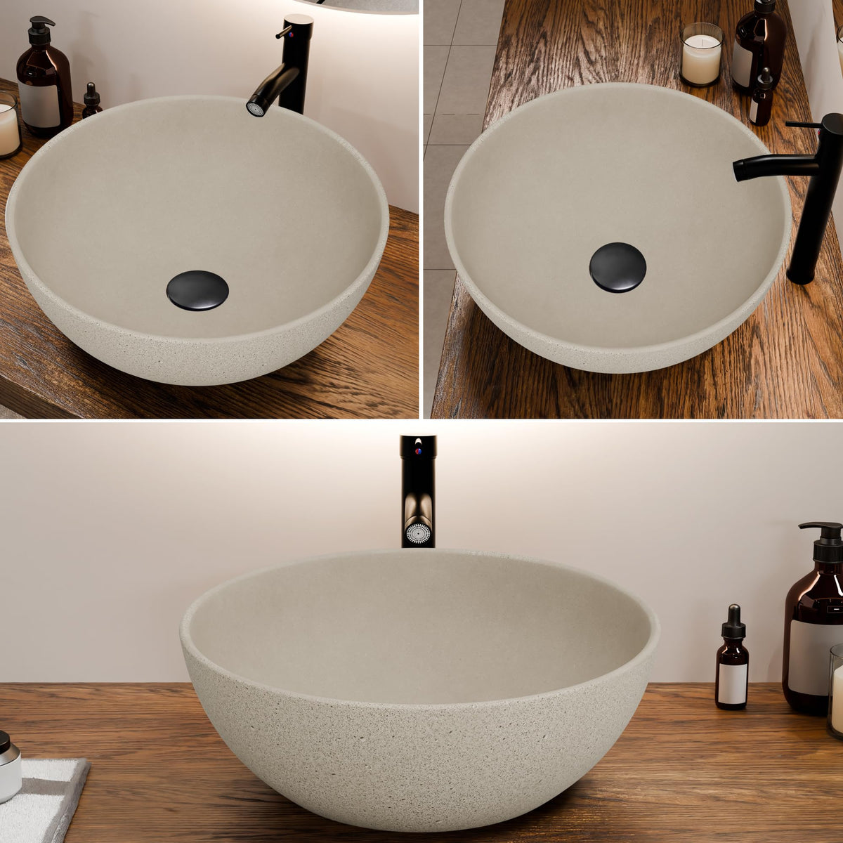 Design Vessel Sink Concrete Bathroom Sink above Counter Small Vessel Sink Bathroom Sink Bowl Countertop Modern Sinks with Faucet and Drain Combo 15.7" Round Gray