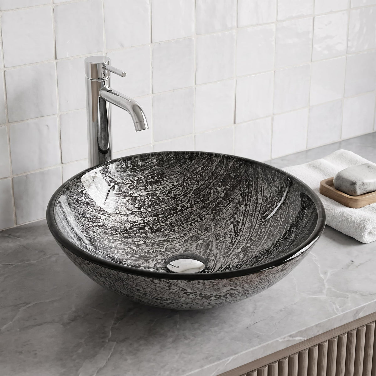 Vigo Vessel Sink Copper - 17â Artistic Round Bowl Sink for Bathrooms, Tempered Glass Above Counter Bathroom Sink with NonStickShield, QuickDrain & TempGuard, Modern Luxury Design