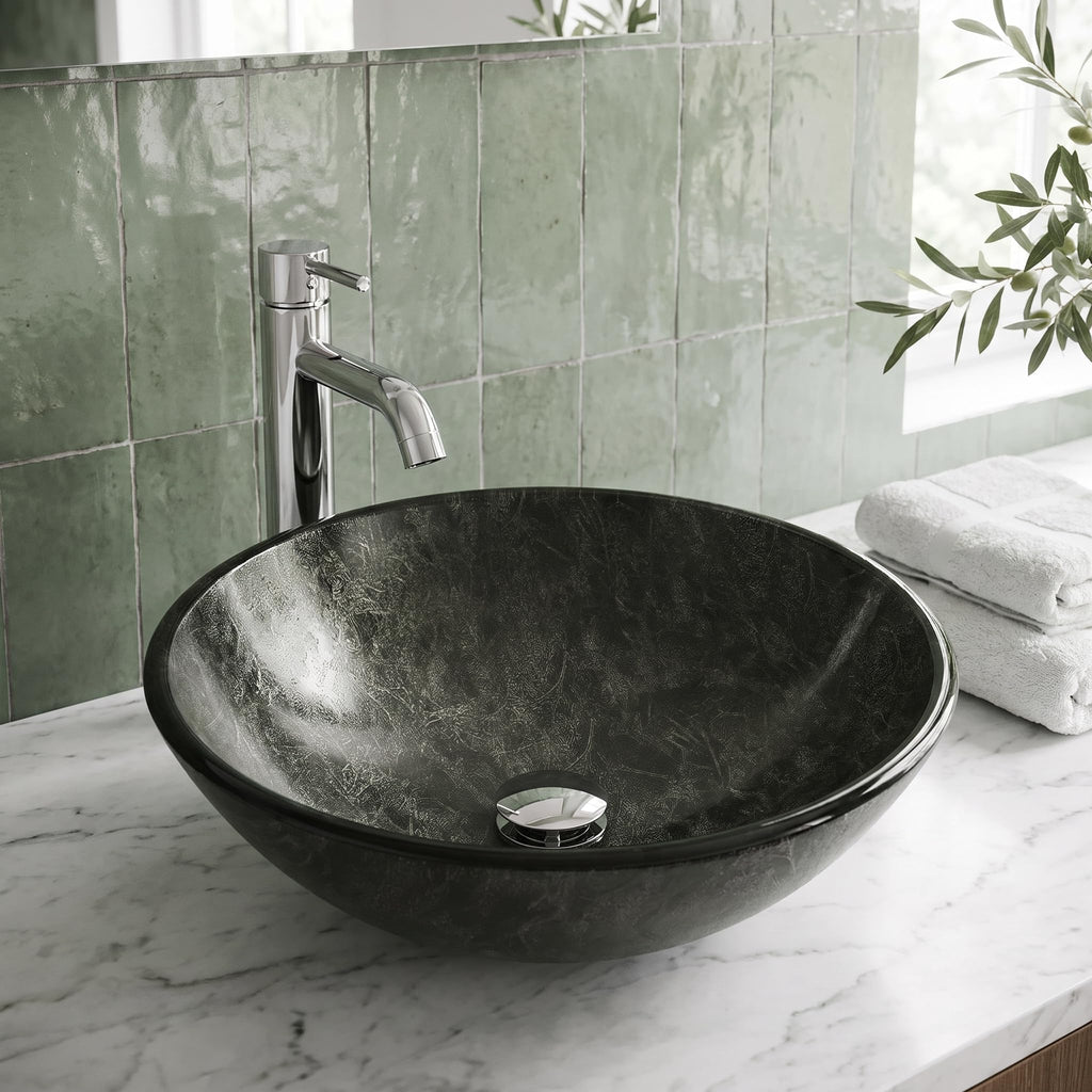 Vigo Vessel Sink Copper - 17â Artistic Round Bowl Sink for Bathrooms, Tempered Glass Above Counter Bathroom Sink with NonStickShield, QuickDrain & TempGuard, Modern Luxury Design