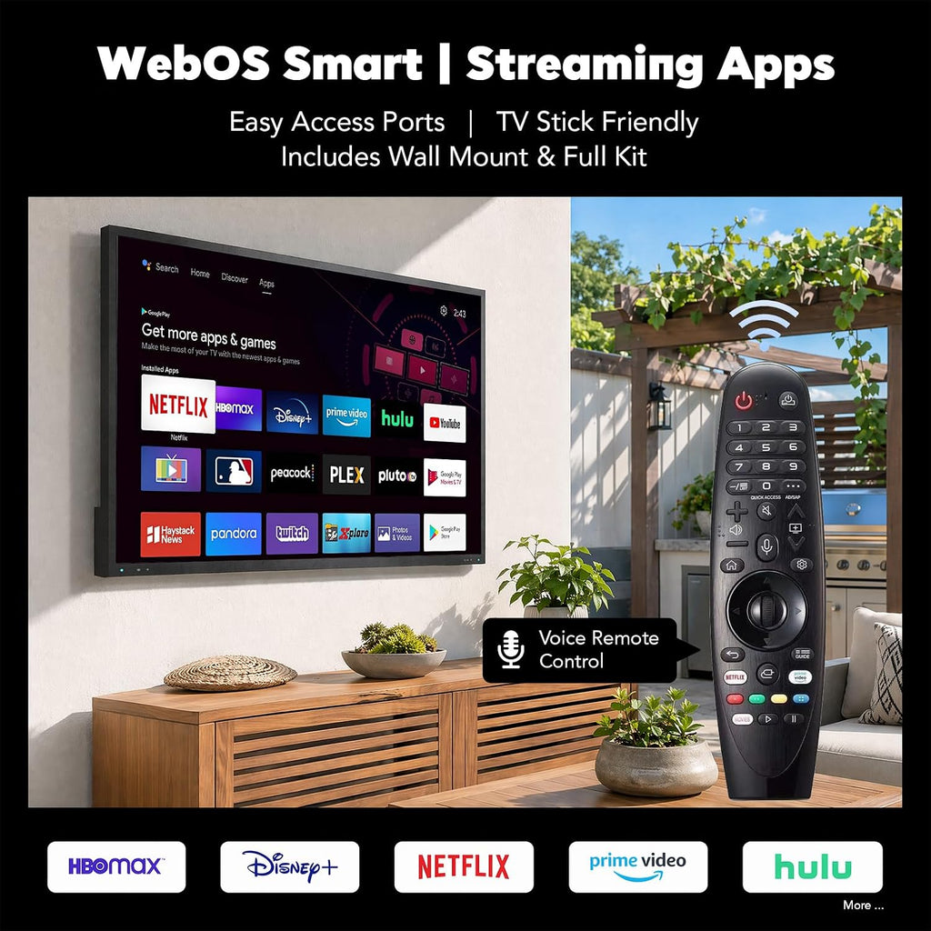 55 Inch Outdoor TV, 2000 Nits 4K UHD IP55 Weatherproof Smart Full Sun TV with webOS 25, Anti-Glare Screen, Surround Audio for Patio, Deck, Backyard and Poolside