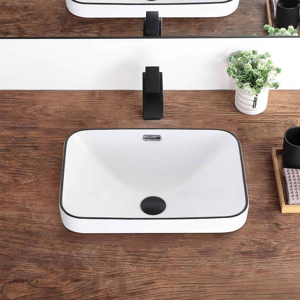 Bathroom Vessel Sink 16.7" X 12.6" Semi Recessed Bathroom Sink Rectangular Drop In Bathroom Sinks with Overflow White Ceramic Vessel Sinks for Bathroom Modern Above Counter Basin Vanity Sink