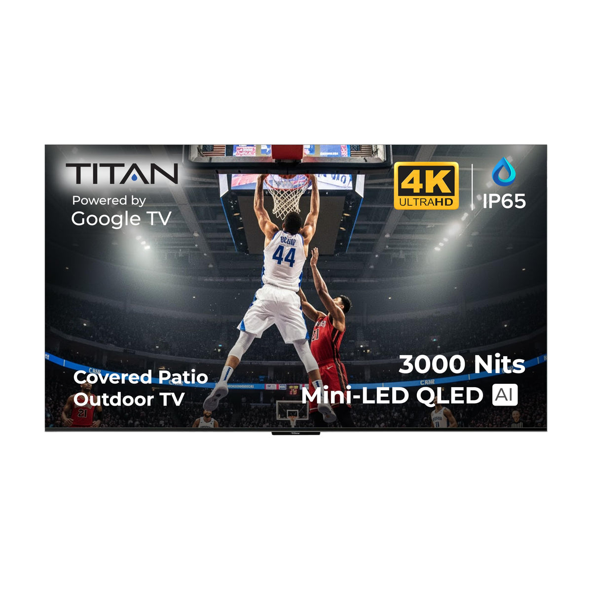 Titan G100 Mini 85 Inch Covered Patio Outdoor TV â 4K UHD QLED IP65 - Google OS, Dolby Vision & Atmos, Onkyo Speakers - Thin Bezel - Weather Resistant - 2-Year Warranty & USA Assembled