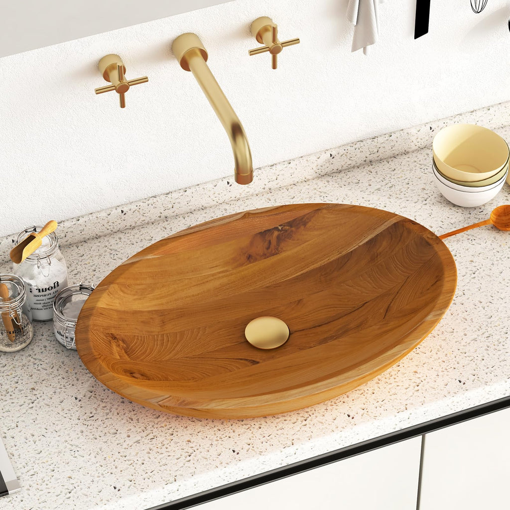Giantex Teak Wood Vessel Sink - Bathroom Washbasin with Smooth Finish, Round Corner, 2.5â Drain Hole for 1 5/8" Drainage, Above Counter Vanity Sinks, No Assembly Art Basin (16â x 16â x 4â Bowl-shaped)