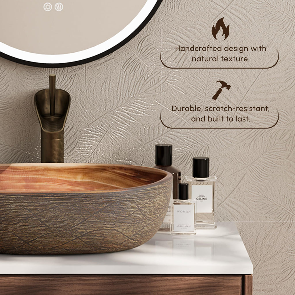 Homary Bathroom Vessel Sink, 23.23" Oval Bowl Sink Retro Ceramic Washbasin Above Counter for Bathroom,Without Pop-up Drain, Retro Brown