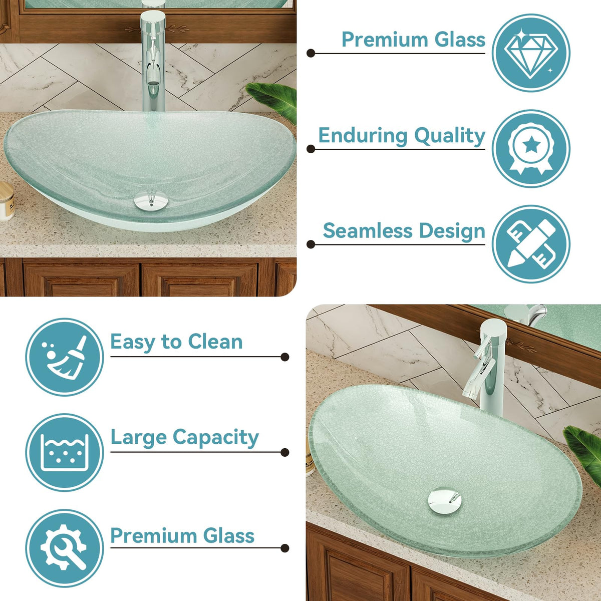 YOURLITE Bathroom Artistic Vessel Sink, Tempered Glass Countertop Bowl Sink