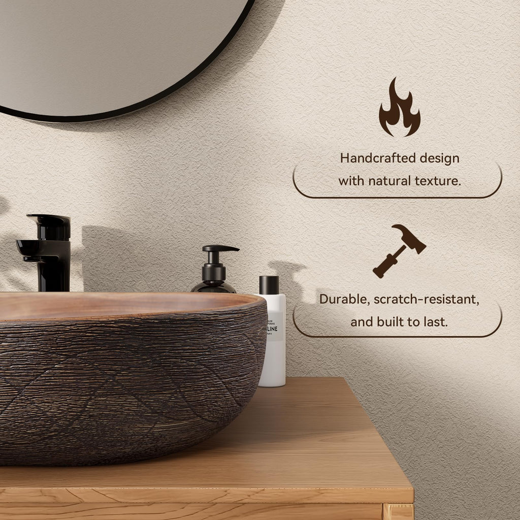 Homary Bathroom Vessel Sink, 23.23" Oval Bowl Sink Retro Ceramic Washbasin Above Counter for Bathroom,Without Pop-up Drain, Retro Brown