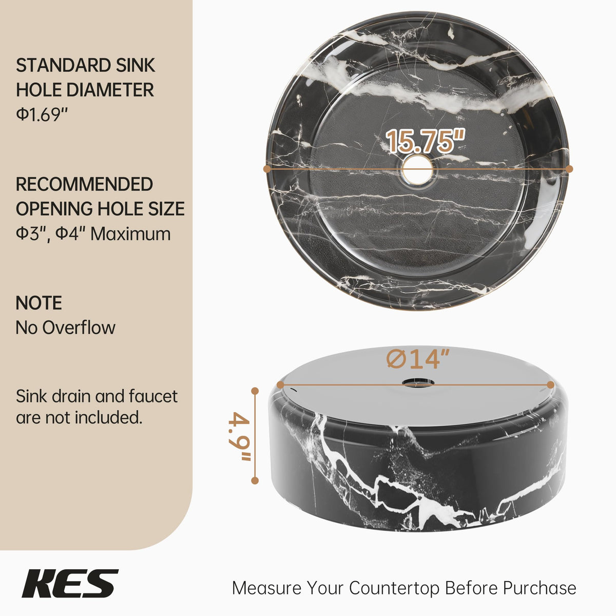 KES 16 Inch Round Vessel Sink, Bowl Sink for Bathrooms, White Ceramic
