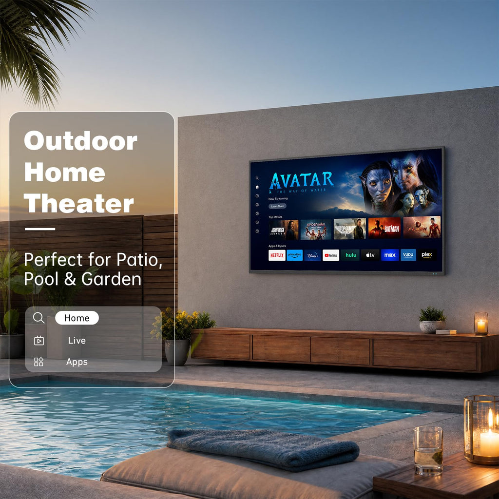 55 Inch Outdoor TV, 2000 Nits 4K UHD IP55 Weatherproof Smart Full Sun TV with webOS 25, Anti-Glare Screen, Surround Audio for Patio, Deck, Backyard and Poolside