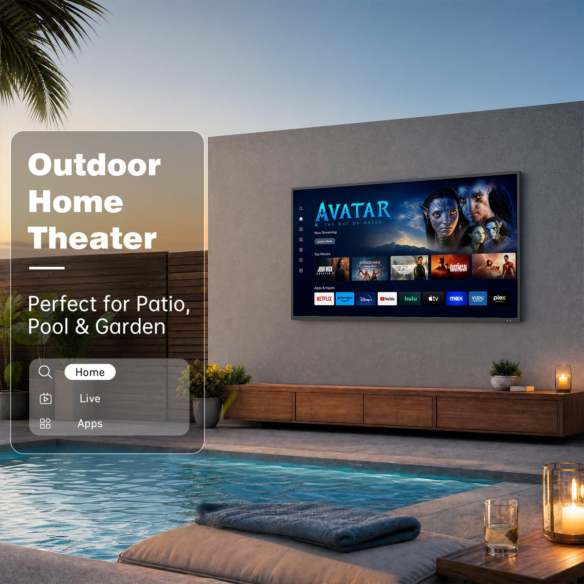 55 Inch Outdoor TV, 2000 Nits 4K UHD IP55 Weatherproof Smart Full Sun TV with webOS 25, Anti-Glare Screen, Surround Audio for Patio, Deck, Backyard and Poolside