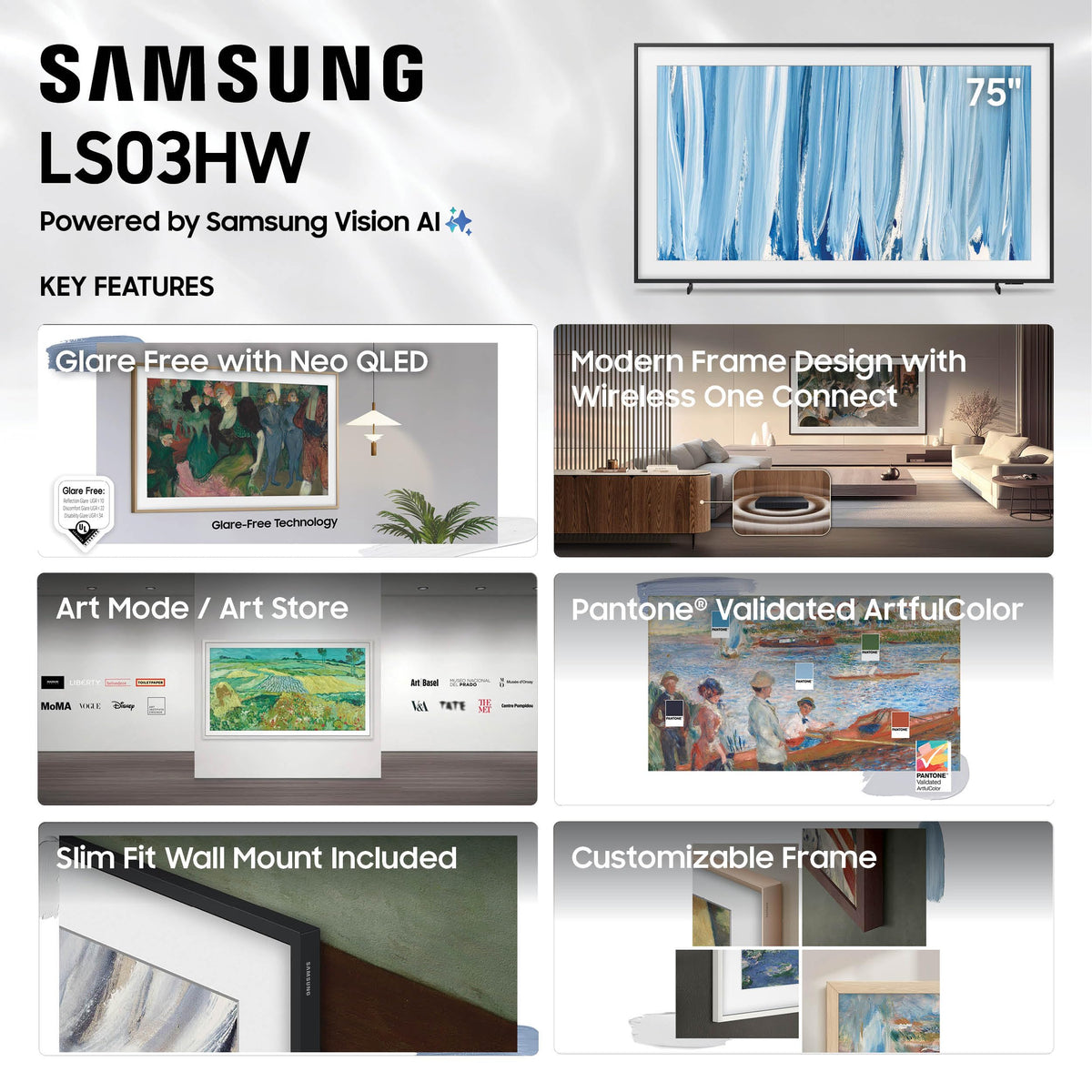 Samsung 55-Inch Class The Frame LS03HE Series Samsung Vision AI Smart TV (2026 Model, 55LS03HE) Glare Free with QLED, Art Mode Store, Slim Fit Wall Mount Included, Alexa Built-in