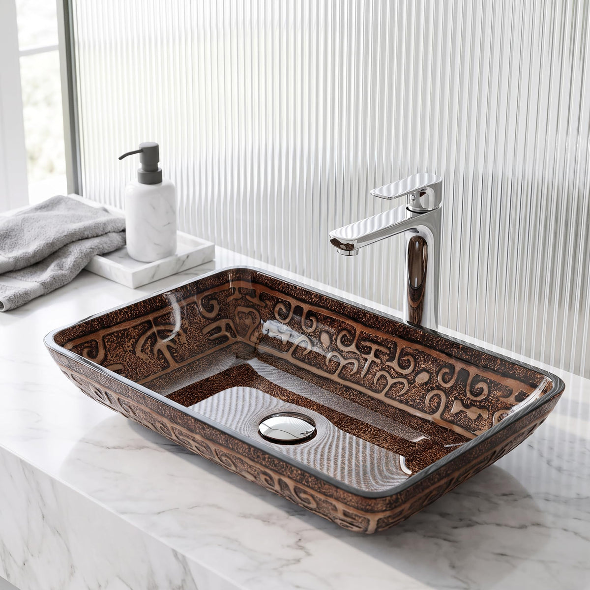 Vigo Vessel Sink Brown - 23â Artistic Rectangular Bathroom Vessel Sink, Tempered Glass Above Counter Sink with NonStickShield & QuickDrain, Modern Luxury Design