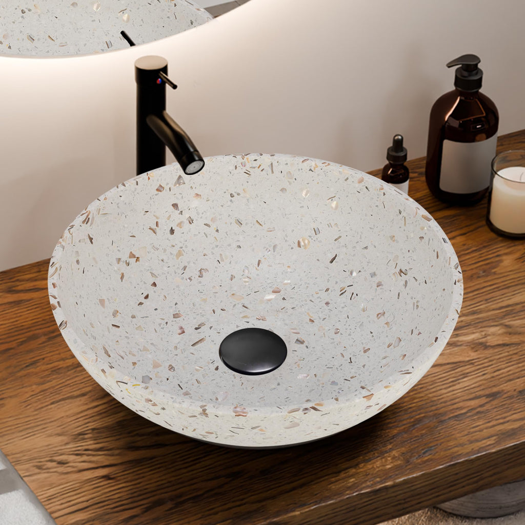 Design Vessel Sink Concrete Bathroom Sink above Counter Small Vessel Sink Bathroom Sink Bowl Countertop Modern Sinks with Faucet and Drain Combo 15.7" Round Gray