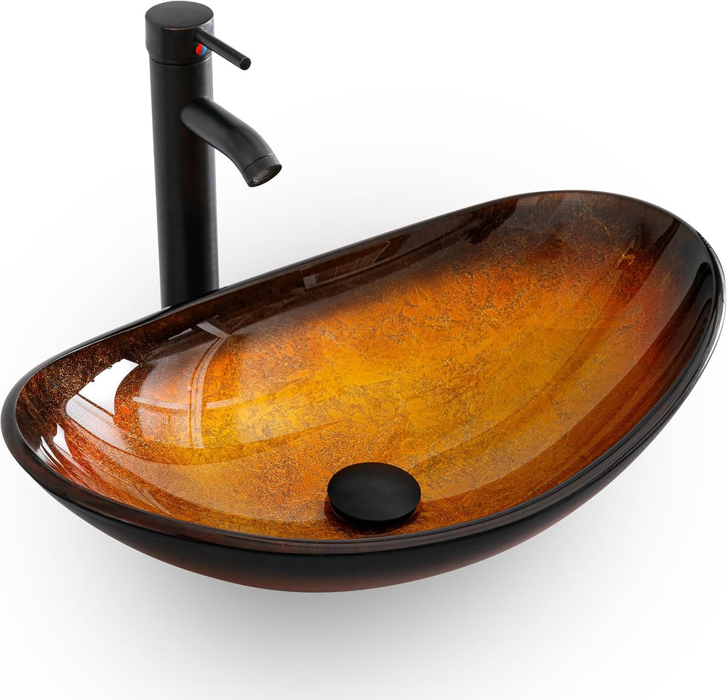 eclife 21.5" Bathroom Vessel Sink Modern Artistic Single Brown Boat Tempered Glass Basin Countertop Bowl Sink for Lavatory Vanity Cabinet, W/Water Save Faucet Pop Up Drain (A29BR)
