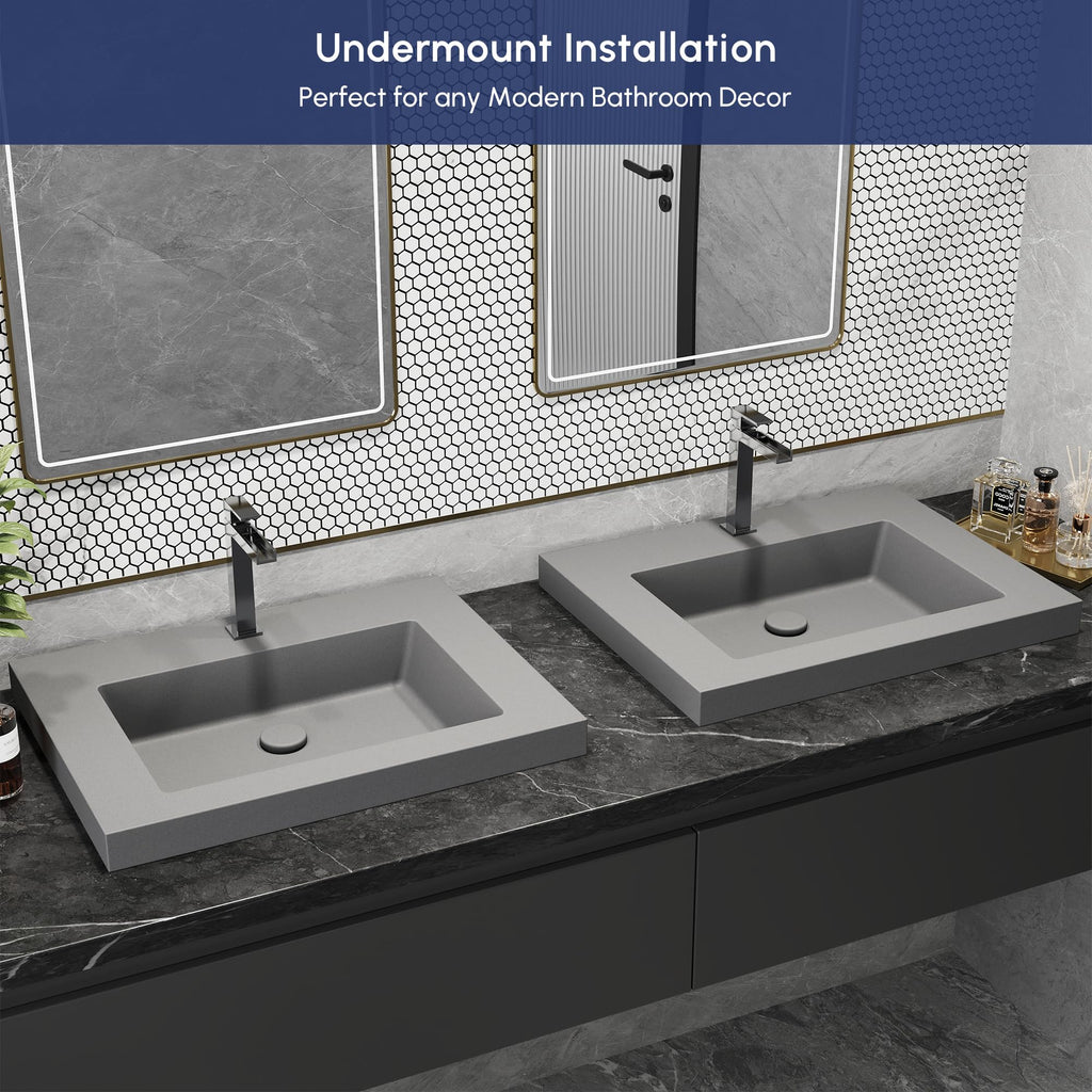 Semi Recessed Bathroom Sink, 23.4 Inch Rectangular Bathroom Vessel Sink, Drop-In Countertop Basin with Single Faucet Hole, Center Drain Assembly for Modern Vanity Cabinet, Gray