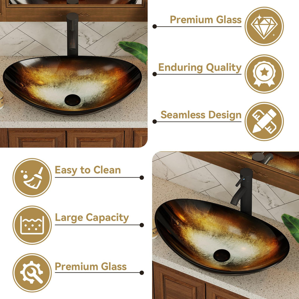 YOURLITE Bathroom Artistic Vessel Sink, Tempered Glass Countertop Bowl Sink
