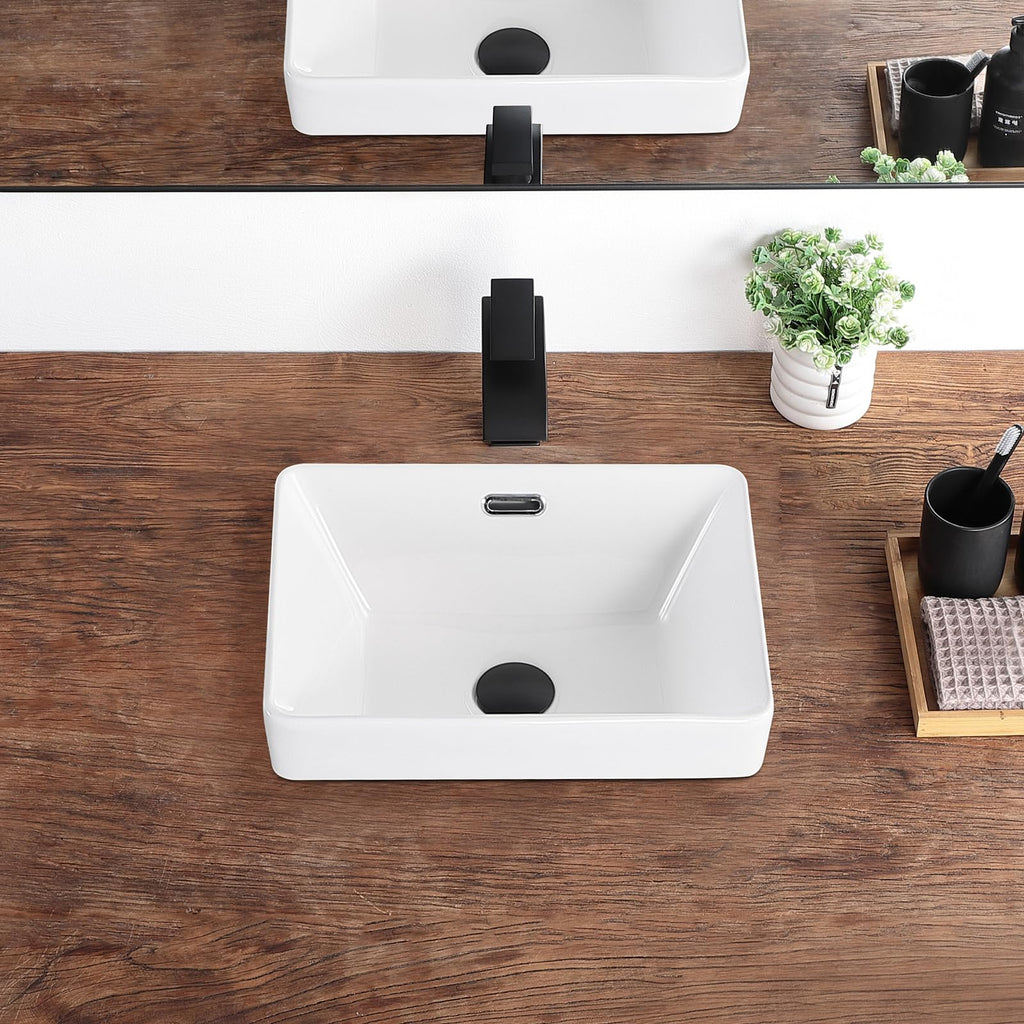 Bathroom Vessel Sink 16.7" X 12.6" Semi Recessed Bathroom Sink Rectangular Drop In Bathroom Sinks with Overflow White Ceramic Vessel Sinks for Bathroom Modern Above Counter Basin Vanity Sink
