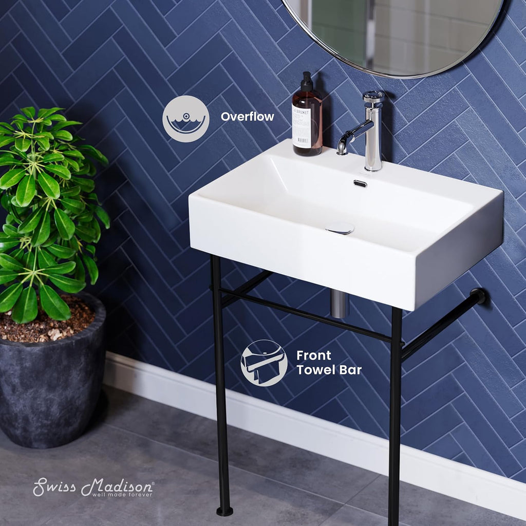 Claire 24" Ceramic Console Sink, White Basin Black Legs, with Overflow Drain