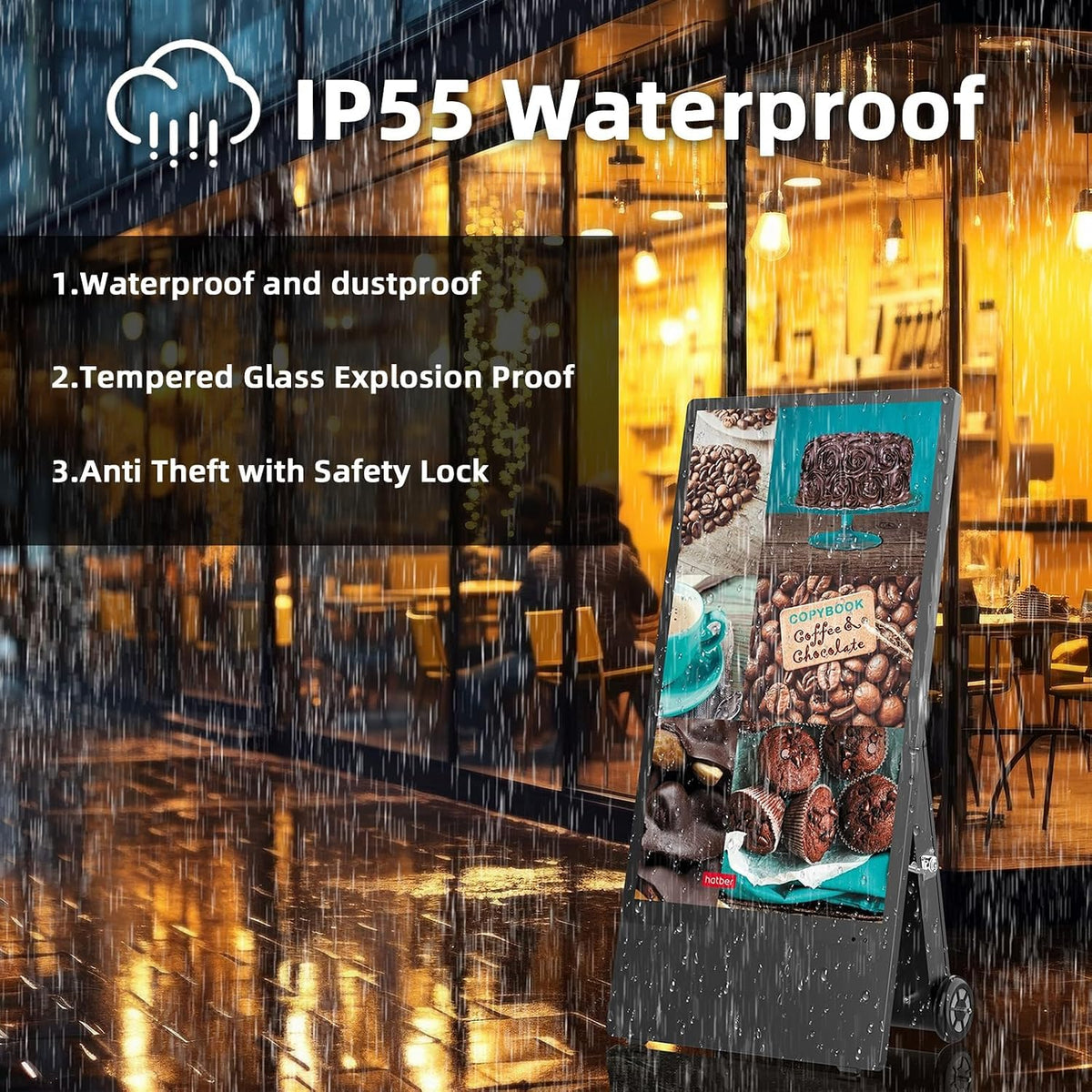 43 Inch Outdoor Digital Signage A-Frame Displays, Rechargeable Digital LCD Kiosks, Moveable Commercial Totem, IP65 Waterproof, Auto Adjustment 2000nits High Brightness Screen, High Capacity Battery for Restaurant/Bar/Food Truck/Store