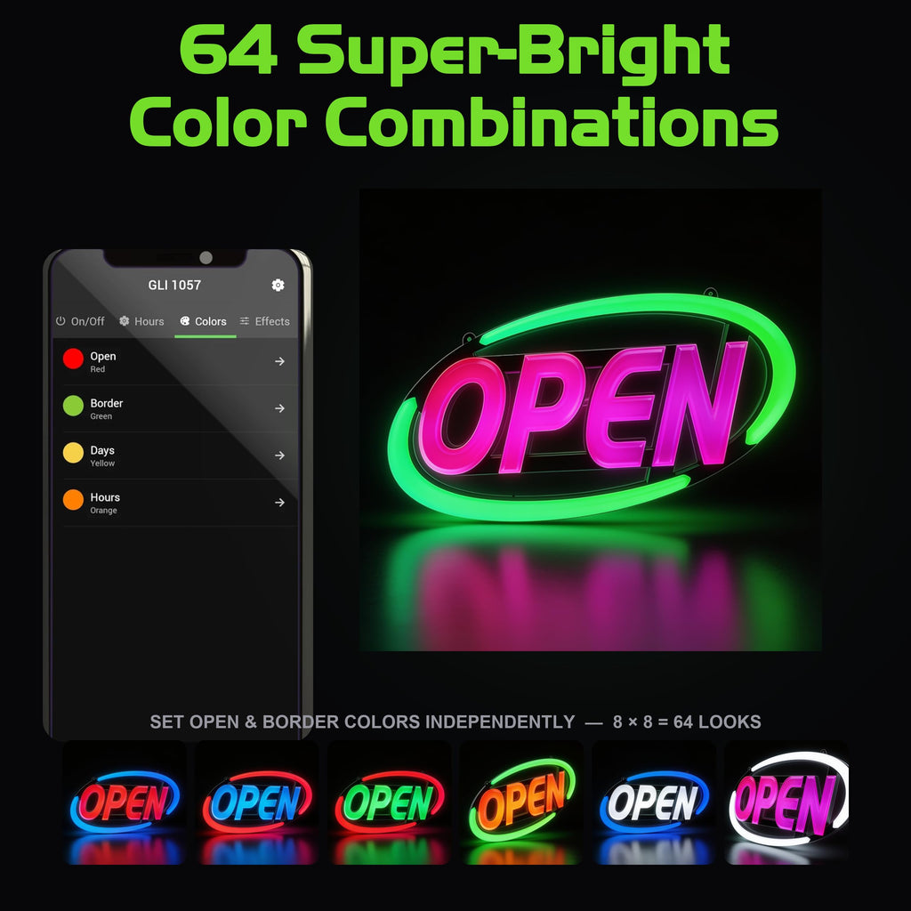 LED Open Sign for Business with Programmable Business Hours â Green Light Innovations Bluetooth App, 4,000+ Color Combos, Flash/Scroll/Neon Modes, 100,000-Hr LEDs, 3-Year Warranty, 15Ã16.5 in