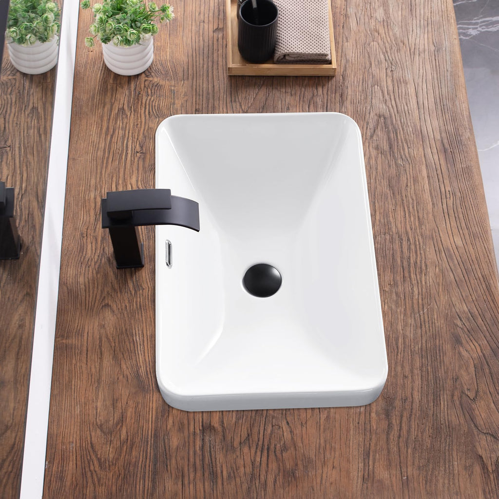 Bathroom Vessel Sink 16.7" X 12.6" Semi Recessed Bathroom Sink Rectangular Drop In Bathroom Sinks with Overflow White Ceramic Vessel Sinks for Bathroom Modern Above Counter Basin Vanity Sink