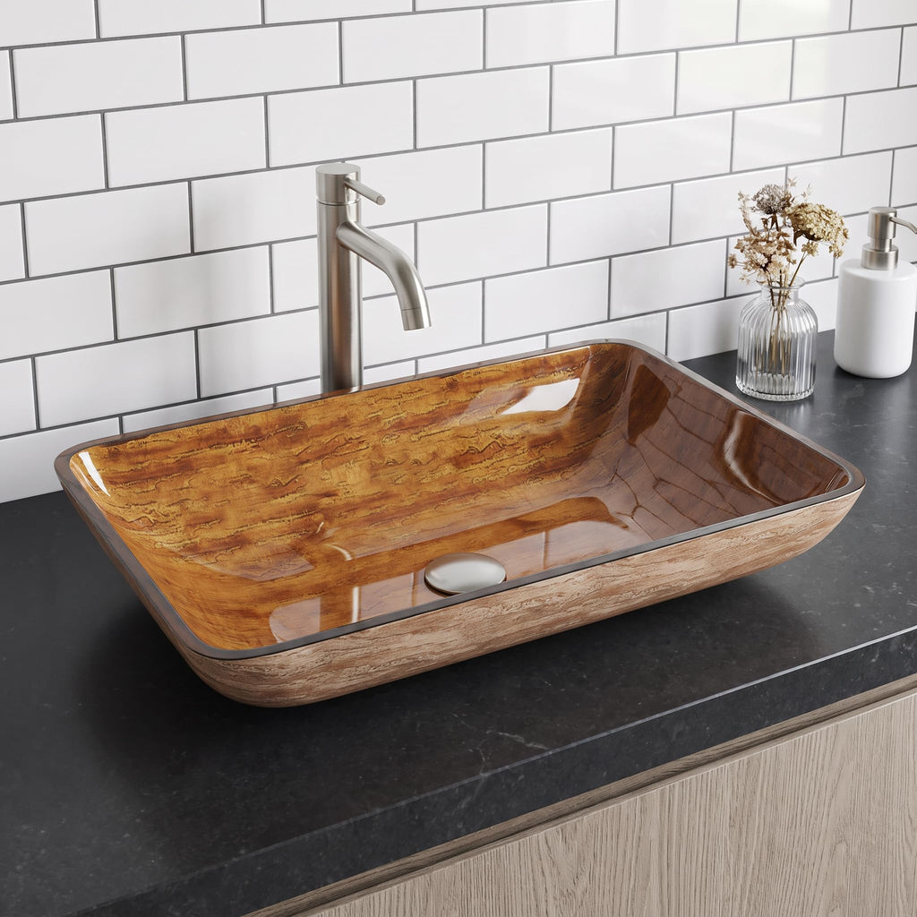 Vigo Vessel Sink Brown - 23â Artistic Rectangular Bathroom Vessel Sink, Tempered Glass Above Counter Sink with NonStickShield & QuickDrain, Modern Luxury Design