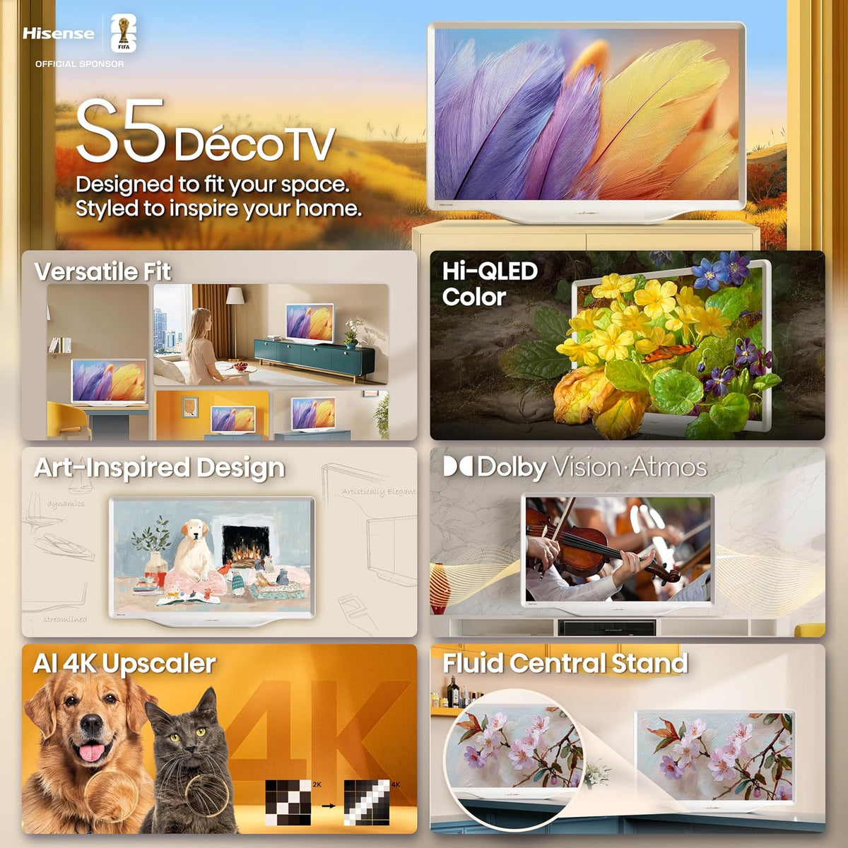 Hisense 43-Inch S5 DÃ©coTV Series Hi-QLED 4K UHD Smart Fire TV (43S5QF, 2026 Model) â Versatile Fit, HiâQLED Color, Dolby Vision & Atmos, VRR Gaming, Stream Live TV Without Cable