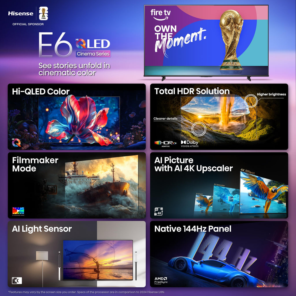 Hisense 75" E6 Cinema Series Hi-QLED 4K UHD Smart Fire TV (75E6QF) - AI Light Sensor, Dolby Vision Â· Atmos, Voice Remote with Alexa, Motion Rate 120, HDR 10+ Adaptive, Game Mode Plus